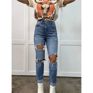 Lindsey Distressed Boyfriend Stretchy Jeans - Medium Wash