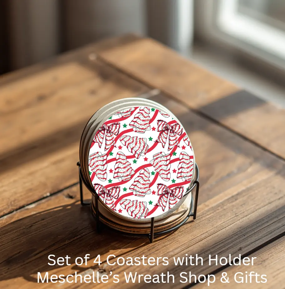 Christmas Snack Cakes House Coasters Set of 4 Ceramic Coasters with Metal Holder