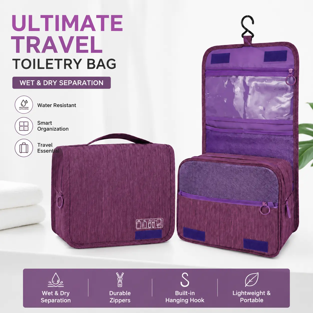 Hanging Toiletry Bag, 1 Count Large Capacity Waterproof Travel Toiletry Bag, Portable Toiletry Organizer, Multifunctional Toiletry Bag, Versatile Storage Bag for Travel, Home, Office, Travel Essentials Bag, Toiletries Travel Bag