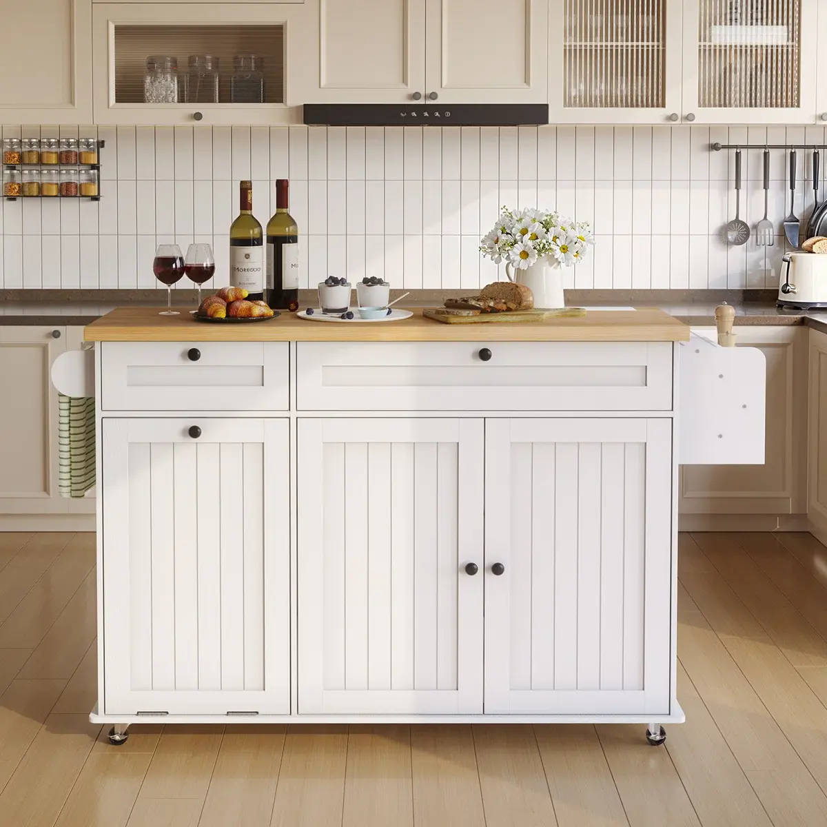 【SummerFinds】ONBRILL 60" Kitchen Island with Power Outlet & Drop Leaf, Kitchen Rolling Island with Spice Rack & Towel Rack, Knife Holder, Kitchen Island Cart with Trash Storage Cabinet, Mobile Island Table for Kitchen