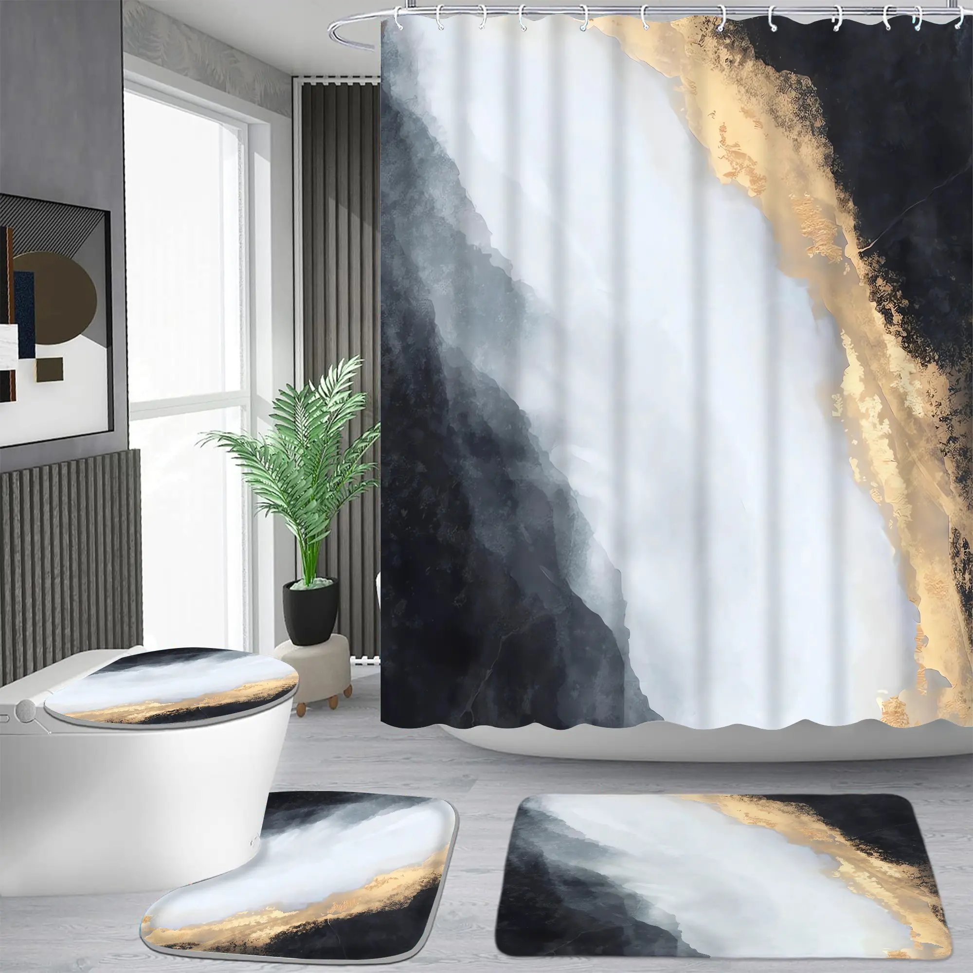 Black Gold Coast fluid pattern shower curtain set, waterproof shower curtain with 12 hooks, non-slip bathroom carpet, toilet U-shaped cushion, toilet seat cover cushion, bathroom shower curtain set, perfect moving gift.