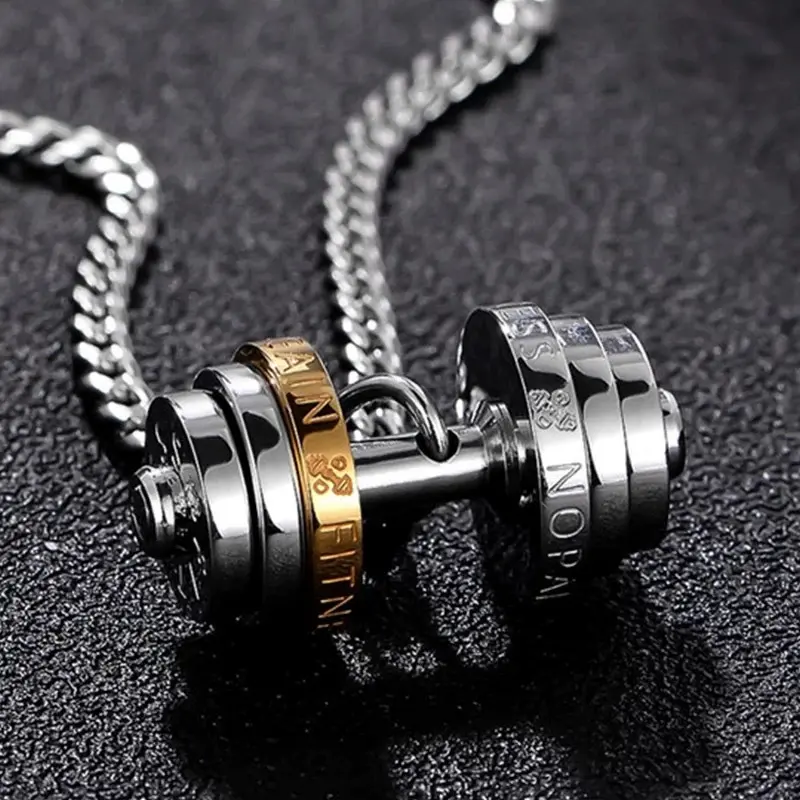 Titanium Steel Dumbbell Pendant Cuban Rope Chain Necklace - Non-Tarnish Edgy Hip-Hop Statement Couple Jewelry for Men - Gym & Everyday Wear Surprise Gift, Statement Necklaces, Statement Necklace, Non Tarnish Necklace