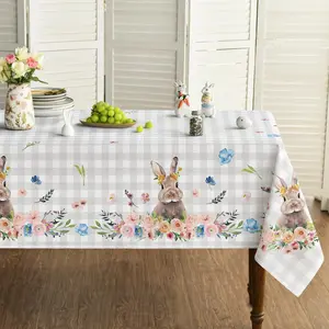 Easter Tablecloth Rectangular Round, Spring Flower Buffalo Plaid Bunny Table Cover for Party Picnic Dinner Decor