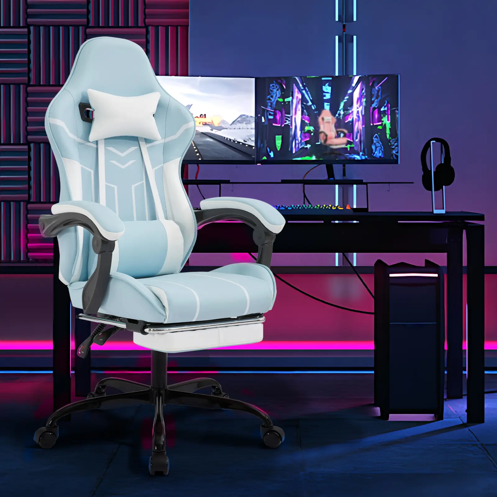 Bellemave Blue-White Modern Gaming Office Chair - 300 – 349 Lb Capacity, 34.39 lbs, Lumbar Massage, Quilted Stitch, Curved Backrest, Footrest, 360° Rolling Casters, Adjustable Backrest, Full Body Support, Assembly Required, for Watch Party, 330Lb, Waterpr