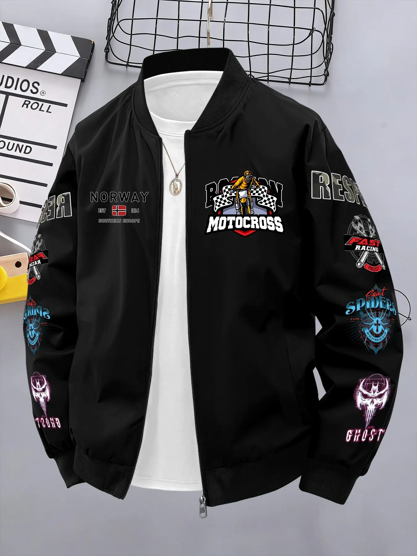 American Motorcycle Culture Multi-Element Windproof Casual Biker Style Baseball Jacket Coats, Versatile Outerwear, Long Sleeve, Loose Fit, Geometric Pattern, Menswear