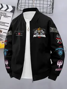 American Motorcycle Culture Multi-Element Windproof Casual Baseball Jacket Coats, Versatile Outerwear, Long Sleeve, Loose Fit, Geometric Pattern, Menswear