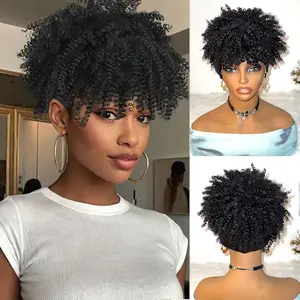 Afro Kinky Headband Wig with Bangs for Women Black Head Wrap 2 in 1 for Women Curly Full Scarf Wigs Synthetic Short Afro Kinky Afro High Puff Wig