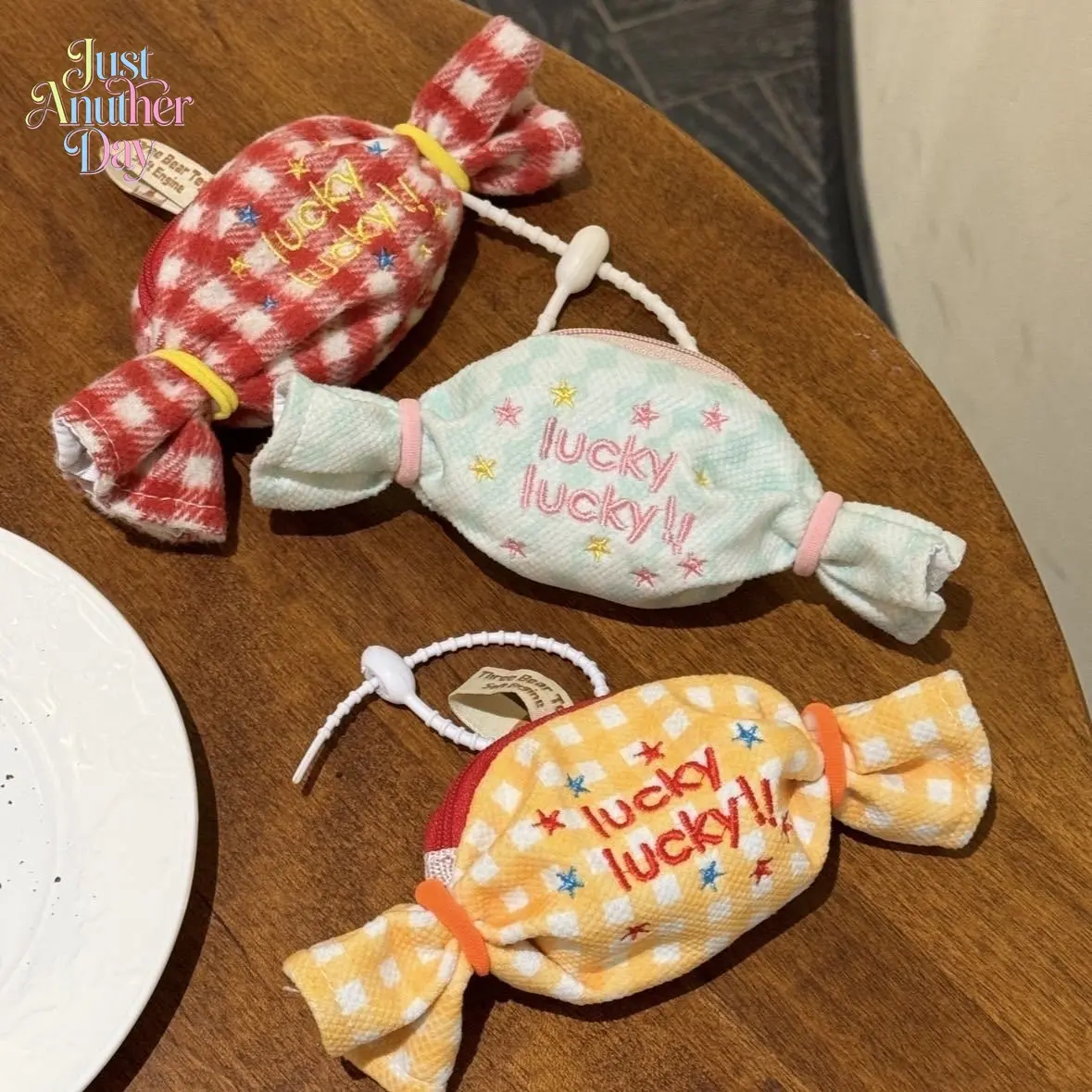 Kawaii Candy Shaped Plush Zipper Pouch Cute "lucky lucky!!" Embroidered Coin Purse Keychain for Earbuds Lip Balm and Small Essentials Adorable Backpack Charm and Gift for All Ages