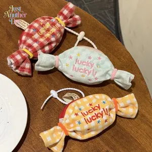 Kawaii Candy Shaped Plush Zipper Pouch Cute "lucky lucky!!" Embroidered Coin Purse Keychain for Earbuds Lip Balm and Small Essentials Adorable Backpack Charm and Gift for All Ages