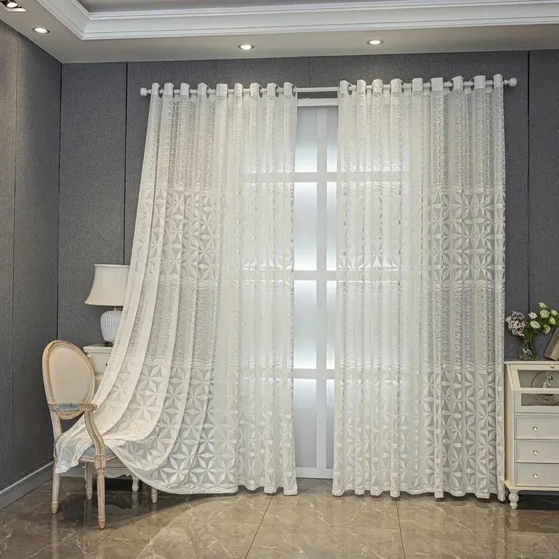 White 2-Panel Grommet Top-Hanging Embroidered Curtains - Geometric Soft Embossed Jacquard, Lightweight, Transparent, Breathable Living Room Decor Window Drapes, Embroidered Curtain