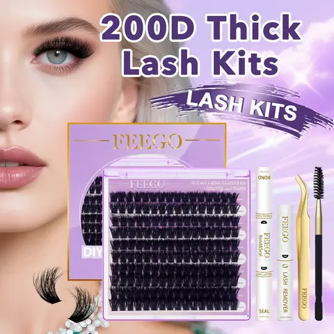 FEEGO 200D Eyelash Extension Kit D Curl 10-20mm Thick Eyelashes 160pcs Waterproof Personalized Eyelashes with Double Header Adhesive Remover Eyelash Brush Tweezer for DIY Home Makeup