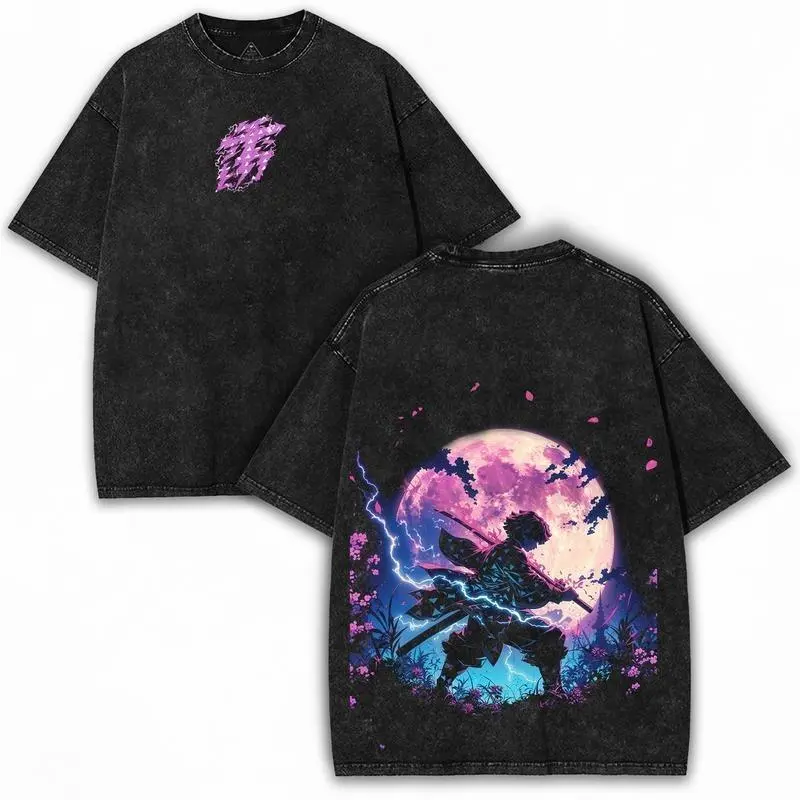 Zenitsu Thunderclap Flash Tee Sayal Demon Slayer Anime Clothing Streetwear Casual Men Y2k Retro Vintage Cyberpunk Fall Outfits Gymer Essential Unisex Lightning Slash Washed Drop Gamer Tee Otaku Anime Gift for Anime Fan