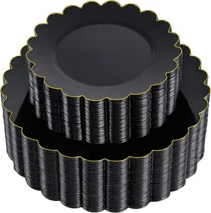 100 Count Black and Gold Plastic Dinnerware Set Disposable Dinner Heavy Duty Plates for Party Birthday Wedding Festival(50pcs 7.5"& 50pcs10.2"