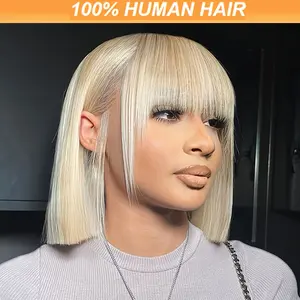 Fashionable New 613 Blonde Bang Human Hair Wig with Bangs Glueless None Lace Frontal Straight Bob for Women Short Straight Human Hair Wig Full Machine Made 613 #   Bob Human Hair Wigs Suitfor Cosplay & Christmas Parties