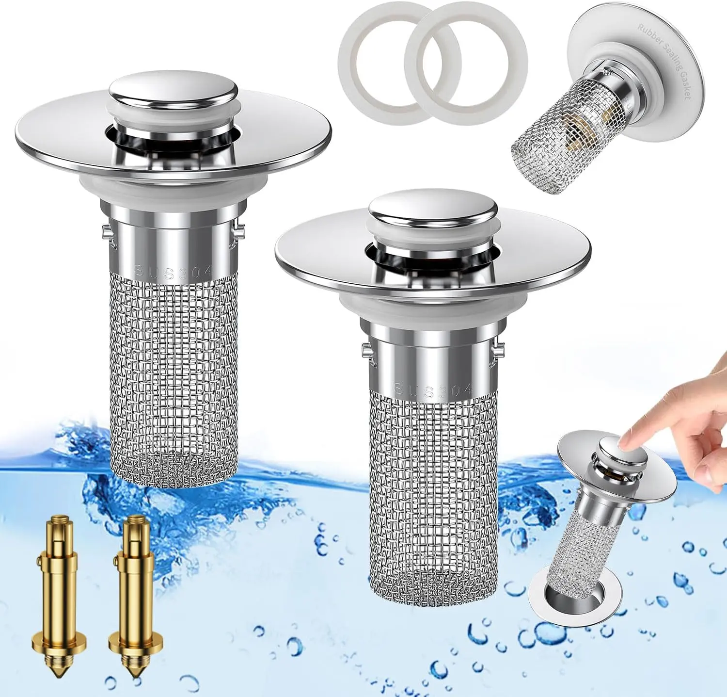 1/2 Counts Pop-Up BathroomSink Drain Strainer with Removable StainlessSteel Filter Basket, Universal  Stopper forBathroom & Kitchen,Bathroom  StopperHair Catcher,Anti-Clog, Easy Install 3-in-1  drain strainer drain stopper