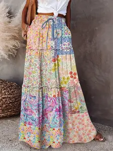 Women's Drawstring Loose Fit Printed Casual Skirt, Half-Length A-Line Design, Comfortable Daily Wear, Perfect for Spring & Fall