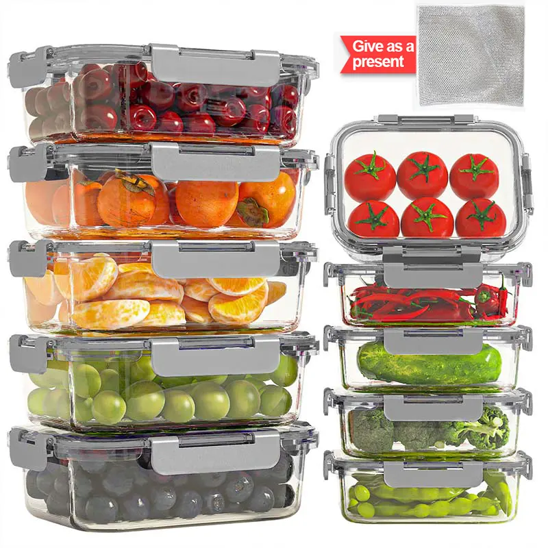 10-Piece Stackable Glass Food Storage Containers with Airtight Leak-Proof Lids, Kitchen Household Products for Meal Prep, Fridge Organization & Pantry Cabinet Organization, Microwave-Oven-Refrigerator-Dishwasher Safe, Bowl With Lid Food Storage