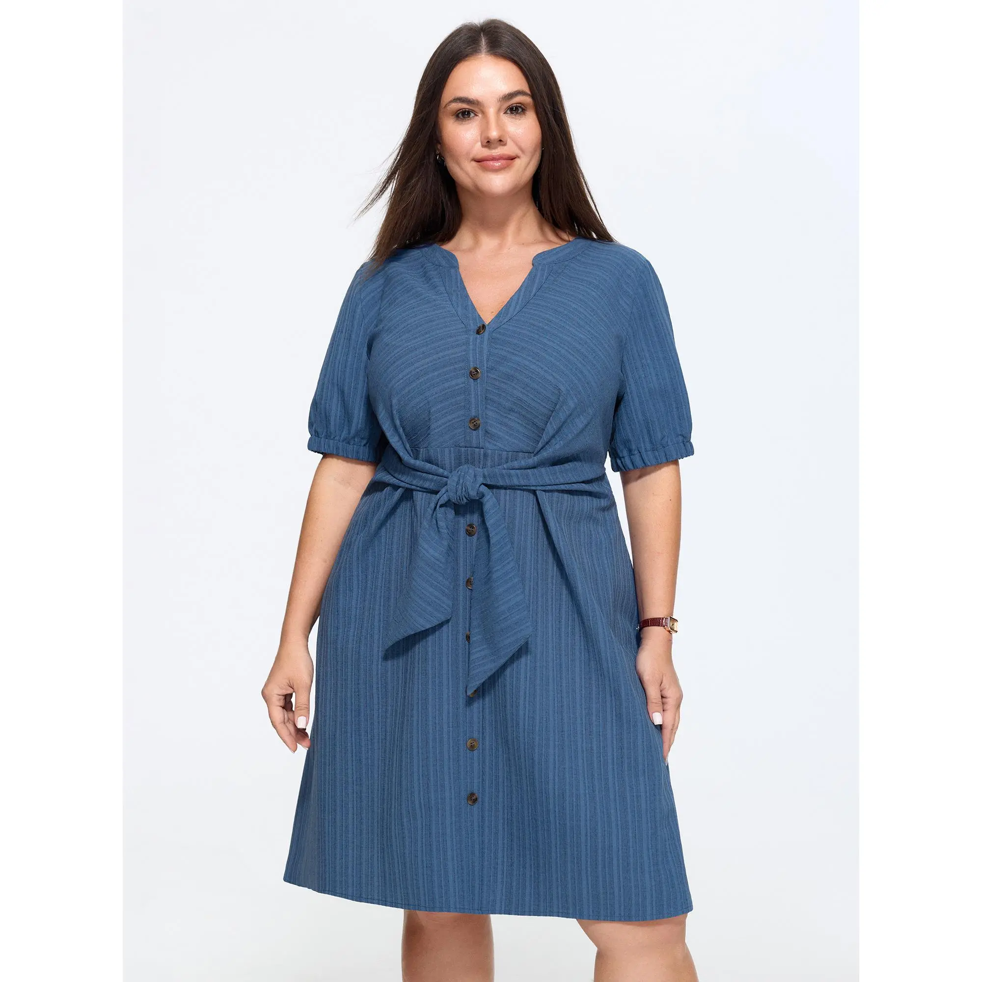 BLOOMCHIC Plus Size Knotted Front Textured Button Mini Dress [M-6X]2026 Summeroutfits,Vacationoutfits,Summerfinds