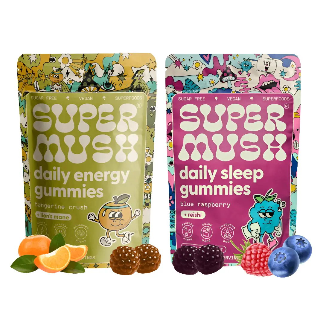 SuperMush Wellness Bundle Energy and Sleep Gummies (60 Gummies Pack) - Certified Natural Organic Supplement with Lions Mane, Reishi, Chaga, Cordyceps, L-Theanine, Calm Magnesium Sleep, Chamomile - Organic, Vegan, Sugar-Free, Natural Wellness Boost