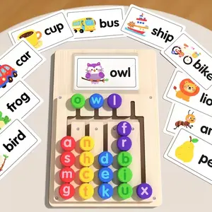 Letter Word Puzzle Wooden Learning Board with 12 Dual-Sided Word Cards (total 24 Words), English Language Education Toy, Preschool Learning Tool