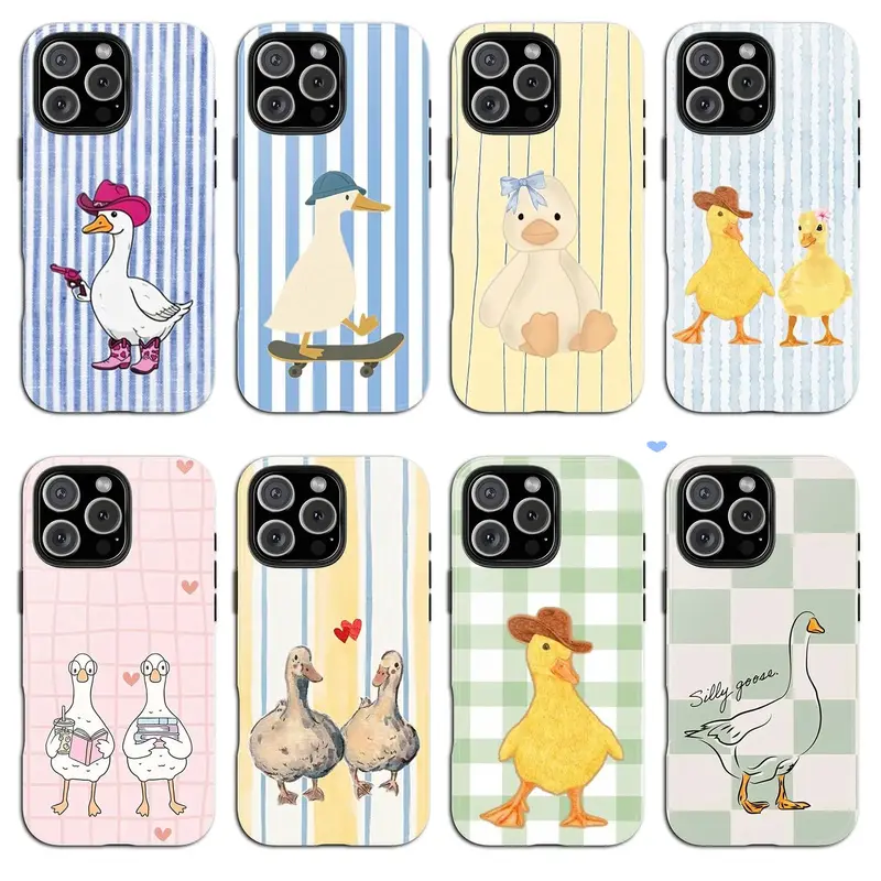 Cute Striped Denim Duck Smartphone Casing, Handheld Cellphone Protective Case for iPhone 11-17 Pro Max/Plus & Samsung Galaxy S23-25 Devices