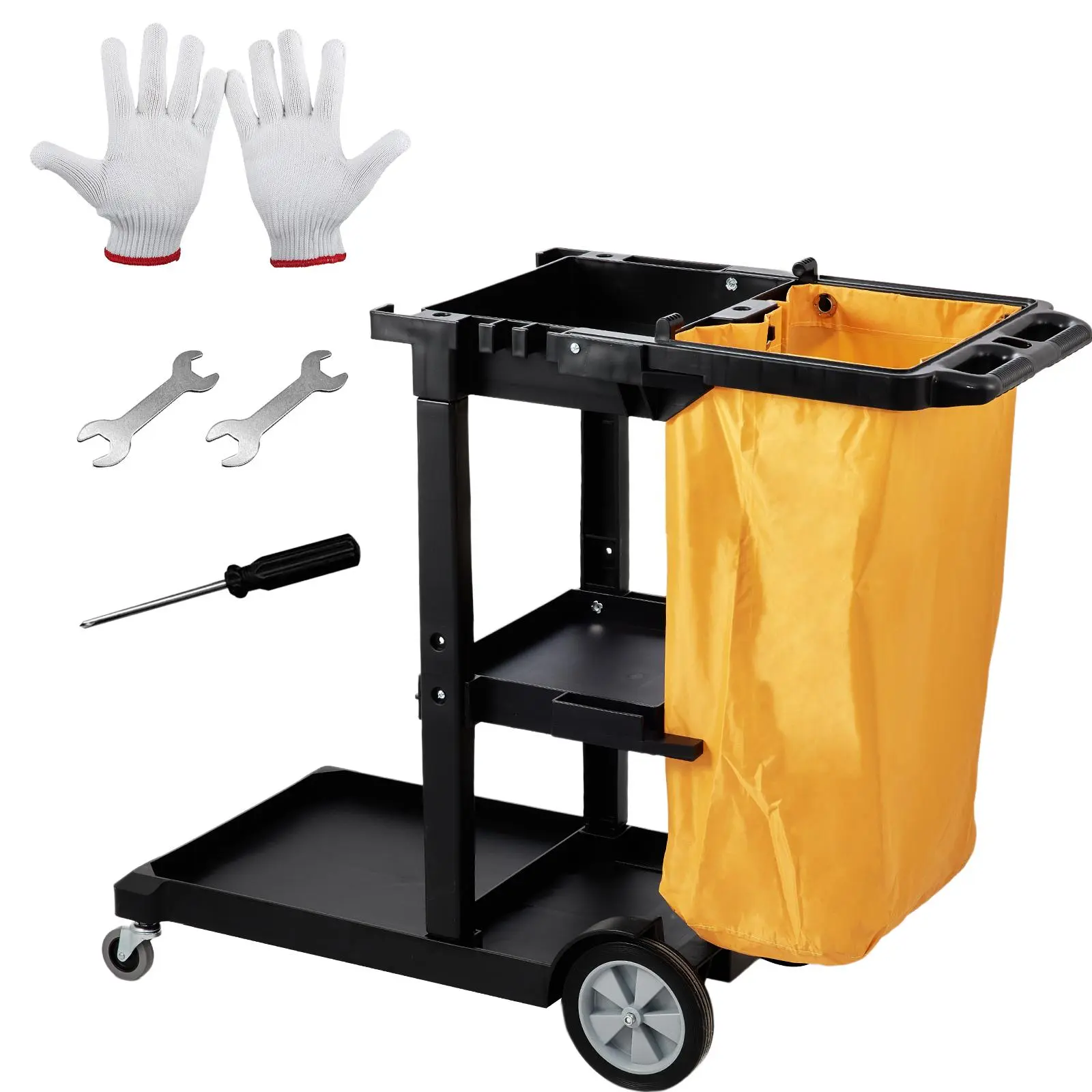 VEVOR Cleaning Cart, TikTokShopBlackFriday, 3-Shelf Commercial Janitorial Cart, 200 lbs Capacity Plastic Housekeeping Cart, with 25 Gallon PVC Bag, 47 x 20 x 38.6in, Yellow & Black