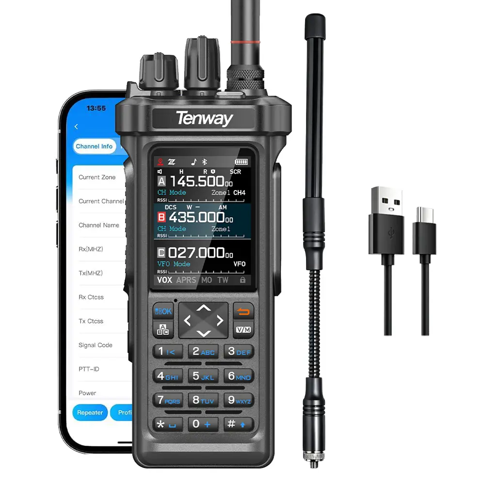 Tenway TP-900 PRO Ham Radio 10W Rechargeable Walkie Talkie Long Range Handheld Two Way Radio, GPS/APRS, Wireless Bluetooth Programming, AM/FM/CB/SW/MW/LW Receive, Audio, MonitorP, Charging, Usb, Long-Range Handheld Walkie Talkies