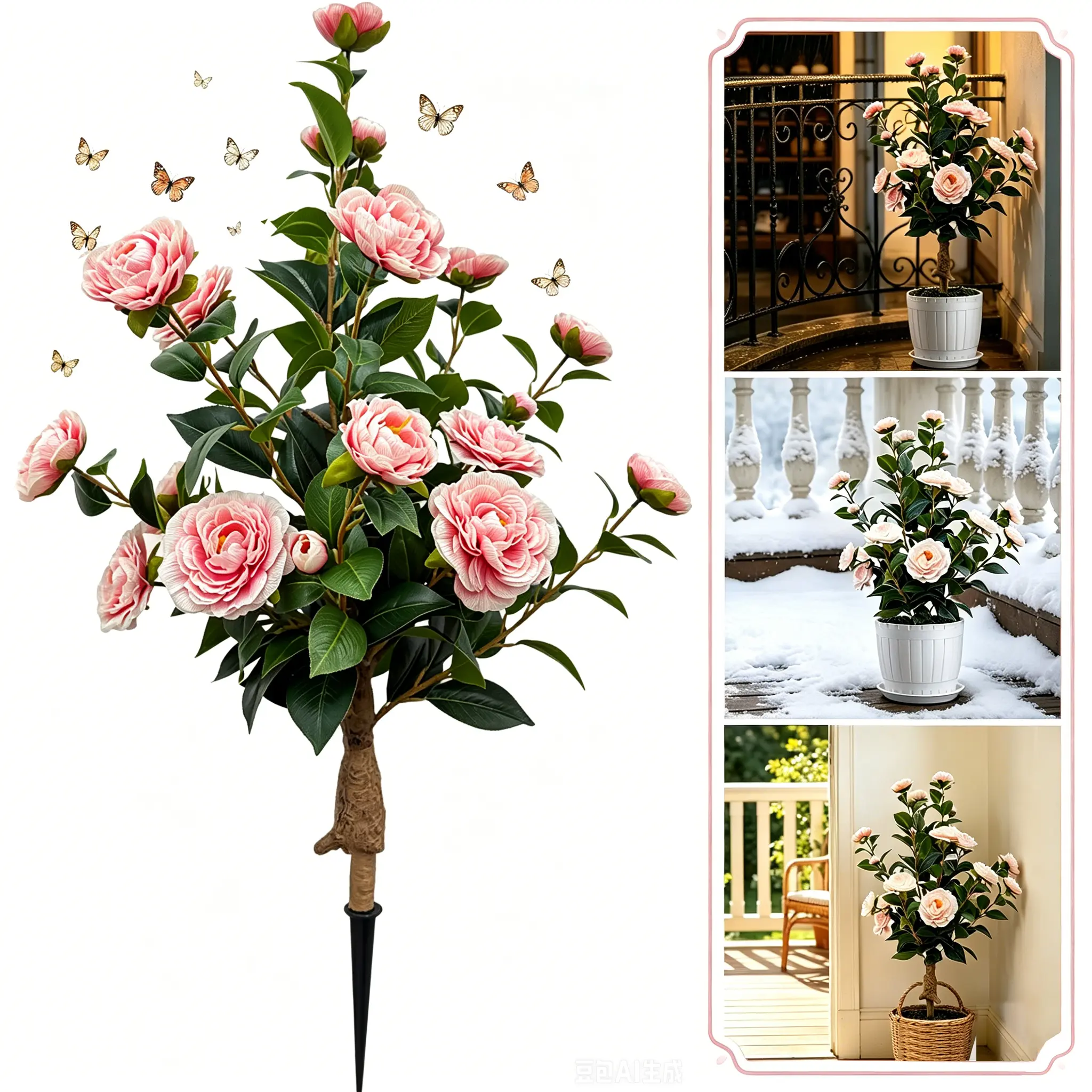 Artificial Camellia Tree with Spike, 35” Tall Artificial Plants Outdoor, Fake Flowers No Fading Suitable For Wedding, Home, Bedroom, Garden, Porch Decoration, Perfect As Housewarming Gift