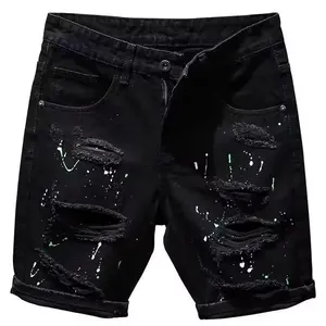 FlariseBoys'PersonalityBeggarRippedFive-pointPantsInSummerVersatileSlimFitHandsomeBlackDenimShorts