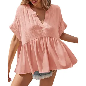 Women's Maternity Oversized V-Neck Short-Sleeve Pleated Flowy Peplum Shirt - Breathable, Comfortable Basic Plus Size Maternity Clothing Summer Casual Loose-Fit Tunic Top