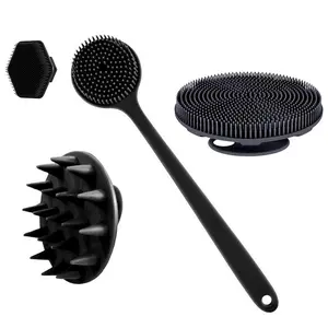 Silicone Body Brush Set, 4-Piece Long-Handle Back Cleaning, Shower, Hair-Washing and Face-Washing Brush Kit, Exfoliating Shower Scrubber Bathing Accessories