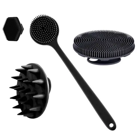 Silicone Body Brush Set, 4-Piece Long-Handle Back Cleaning, Shower, Hair-Washing and Face-Washing Brush Kit, Exfoliating Shower Scrubber Bathing Accessories, Body Care Tool, Shower Essentials