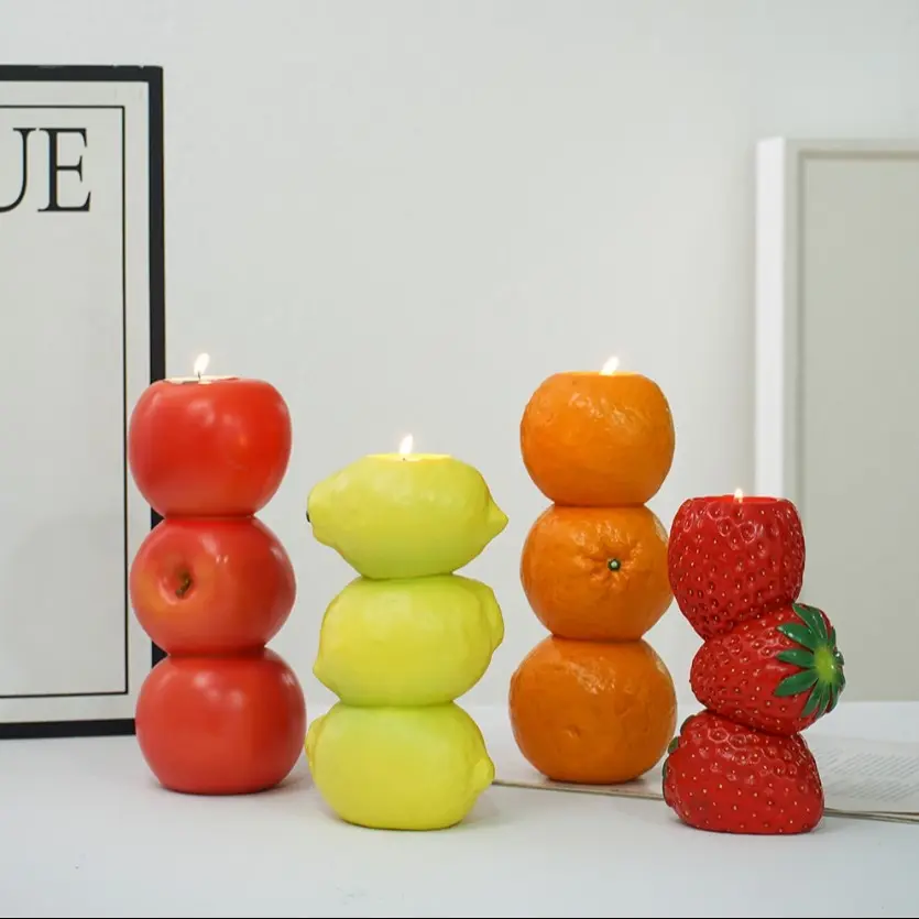 Fruit Stack Candle Holder, Strawberry Apple Lemon Design, Dual Wax Holders, Stainless Steel Insert, Home Kitchen Office Decor