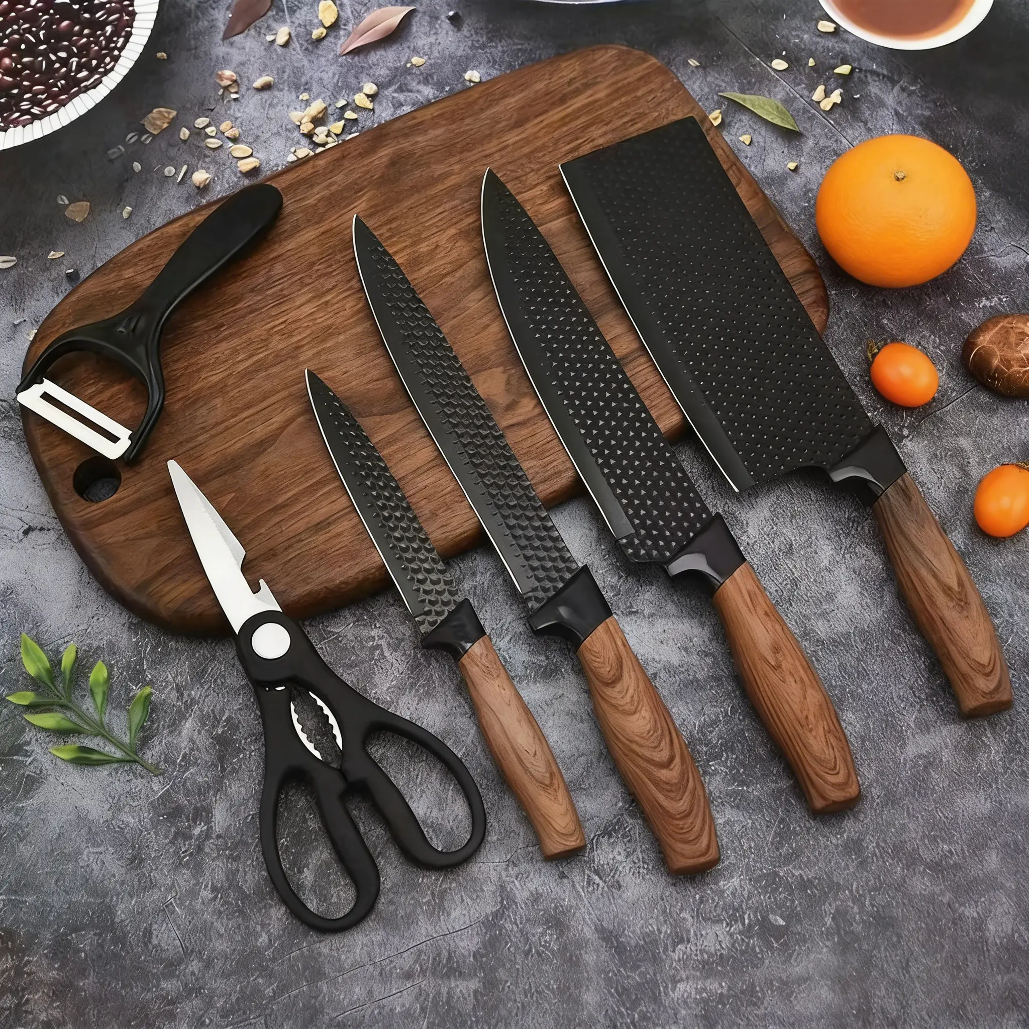 CookSide Professional 6-Piece Kitchen Knife Set, Chef Knife, Slicer, Scraper, Scissors, High Carbon Stainless Steel, Non-Stick Ergonomic Handle Block Lightweight Wooden Blade,Outdoor Portable Knife Set