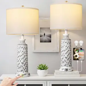 26" Table Lamps Set of 2, Modern Bedside Lamps with USB A+C Ports, 3-Way Dimmable Touch Control & White Shade, Coastal White Gray Nightstand Lamp for Living Room Bedroom, Included 2700K LED Bulbs