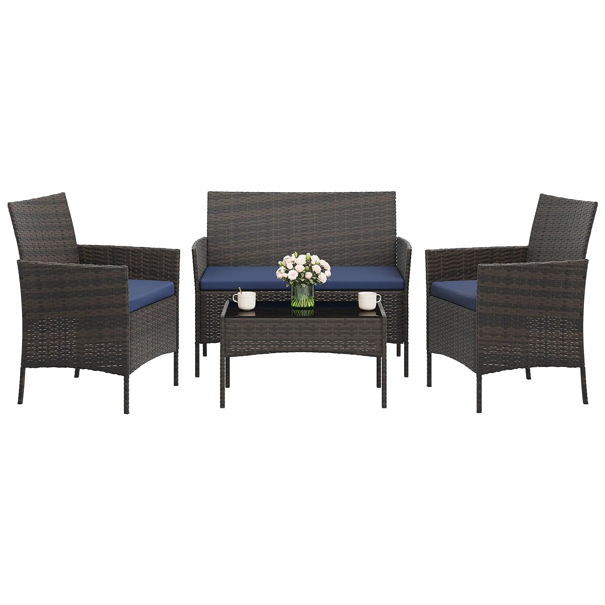 4-Piece Patio Furniture Set, Modern PE Rattan Conversation Set with 2 Chairs, Loveseat & Tempered Glass Coffee Table, All-Weather Outdoor Seating for Garden, Porch, Balcony, Poolside,Blue