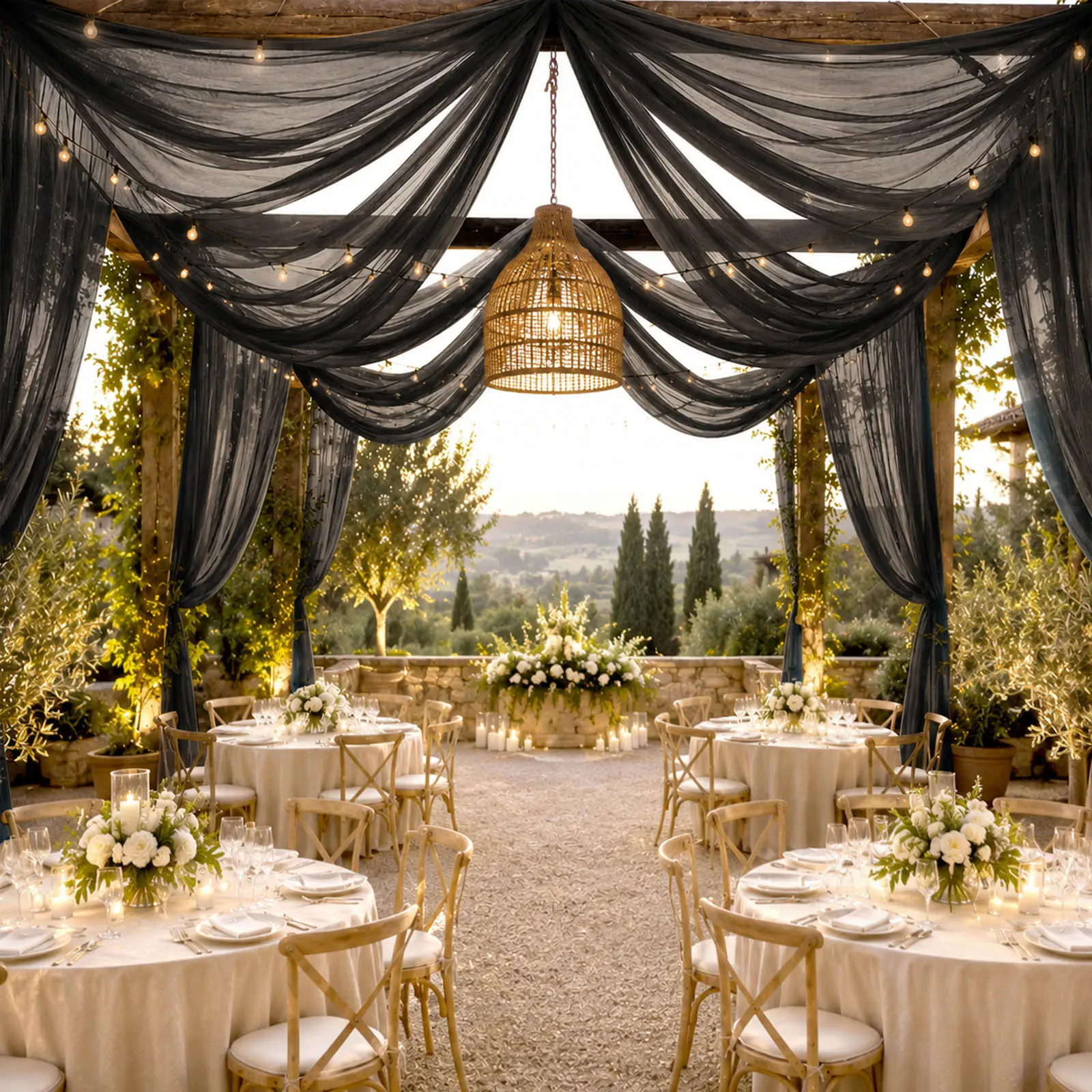 Black Sheer Full-Length Hanging Ceiling Drape - 10x32 ft Extra-Long Machine-Washable Single Panel, All-Seasons Decor for Wedding Canopy, Birthday Reception Backdrops