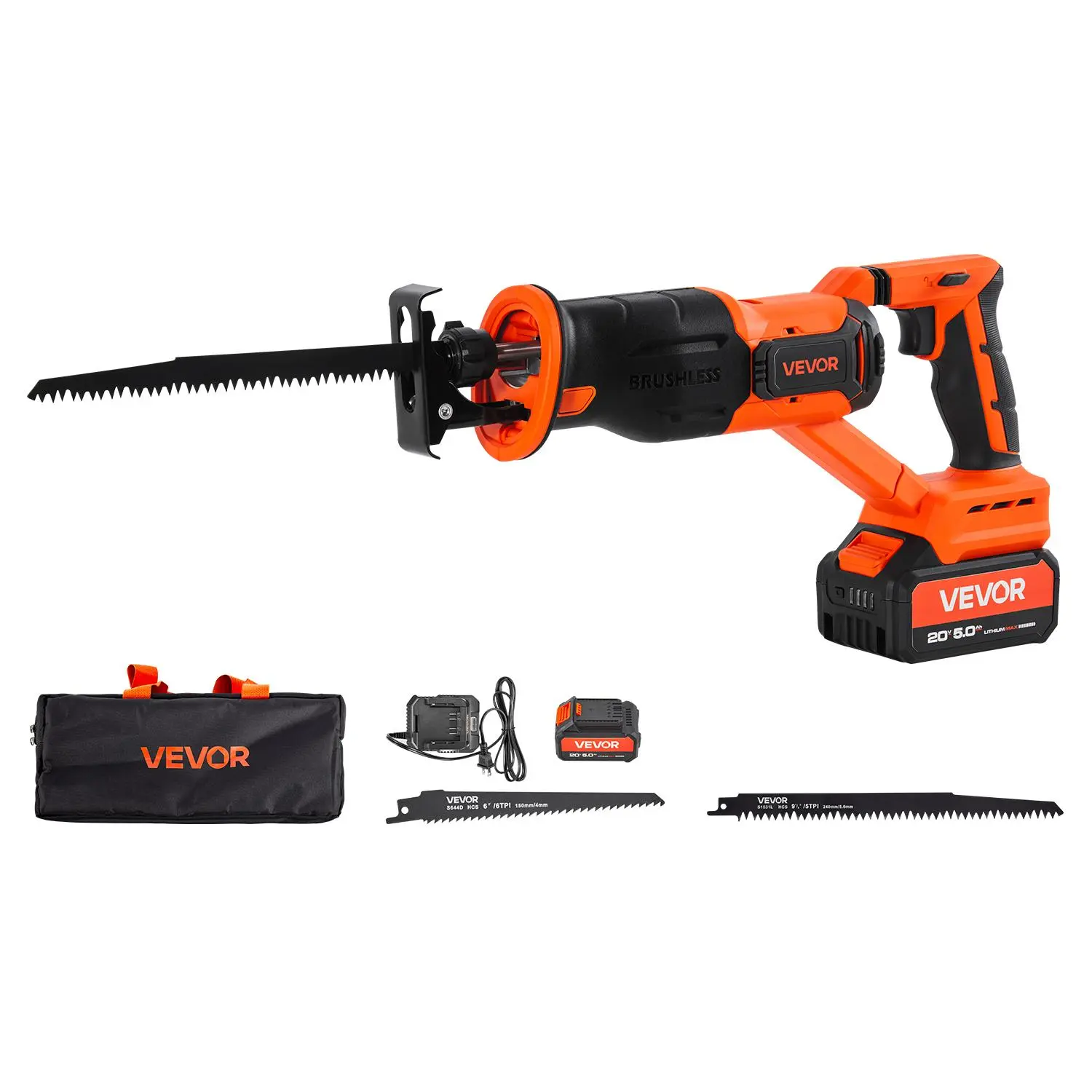 VEVOR Cordless Reciprocating Saw Tool Kit, 20V DC Cordless Freedom, 5000 mAh Batteries, 3000 SPM Variable Speed, 1in Stroke Length, Charger, 8 Blades, Hex Key, Carry Bag, 7.39lb Portable for Wood Cutting, Outdoor Pruning, 5.91in Max Depth