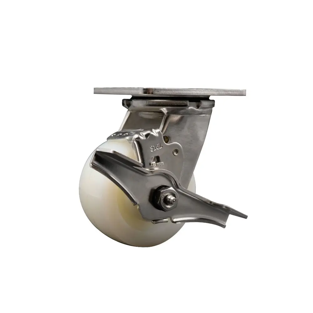 Service Caster SCC-SS31630S420-NYD-TLB 316 Stainless Steel Heavy Duty Swivel Top Plate Caster with Top Lock Brake & 4 in. Nylon Wheel with Delrin Bearings - 800 lbs Capacity per Caster