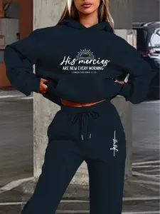 Women's Jesus Print Hoodie Sweatshirt Knitted Set, Long Sleeve Casual Drawstring Pullover, Fitted Comfortable Fall & Winter