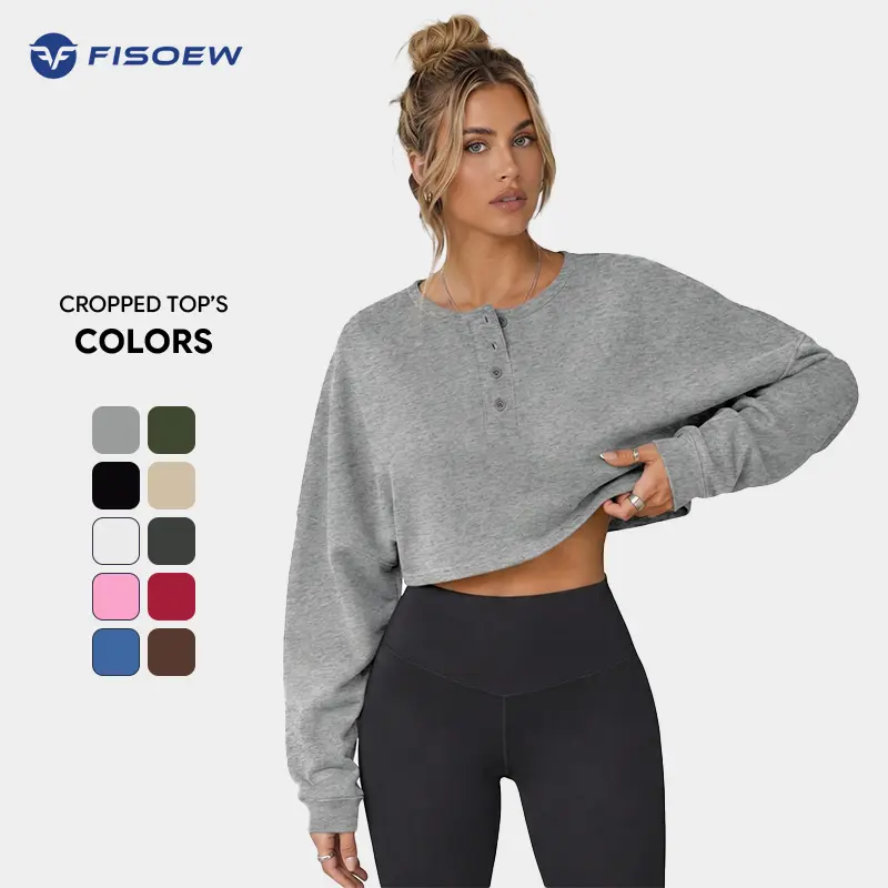 Fisoew Women's Cotton-Polyester Long Sleeve Cropped Henley Neck Sweatshirt - Loose Fit, Breathable, Casual Workout Pullover, Everyday Tops, Fall Fashion, Polyester Long Sleeve oversized tops