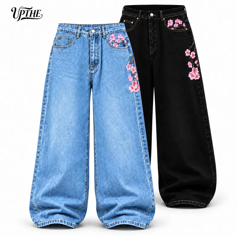 UP THE-Men Baggy Wide Leg Jeans, Raw Dark Black Denim Pants with Pink Cherry Blossom Embroidery, Y2K Streetwear Senior Baggy Jeans for Men, Ideal for Back to School, Daily Hangout & Street Style
