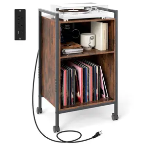 COSTWAY - Mobile Record Player Stand with Power Outlet-Rustic Brown