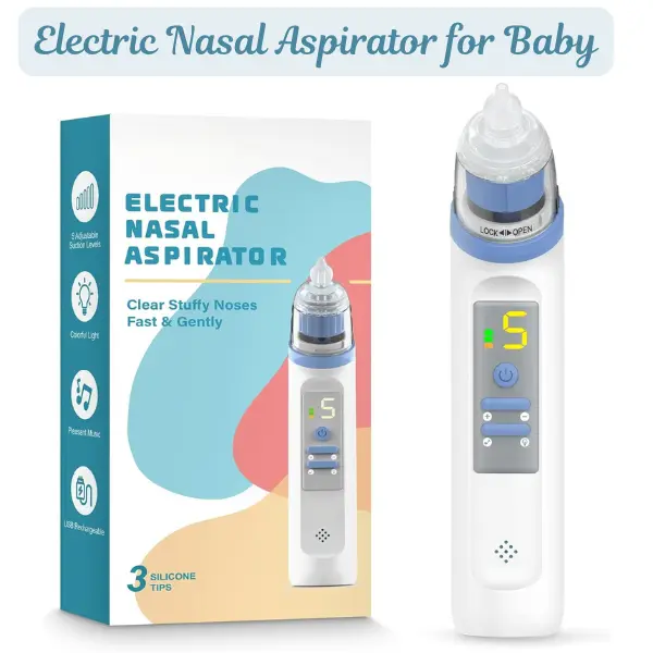 Rechargeable Electric Baby Nasal Aspirator for Infants & Toddlers (3+ Yrs), 5 Suction Levels, 3 Silicone Tips, Music & Light, Waterproof Unscented Nose Cleaning Tool - Fun and Functional (Dry Clean Only, Blue), 3 Yrs And Up