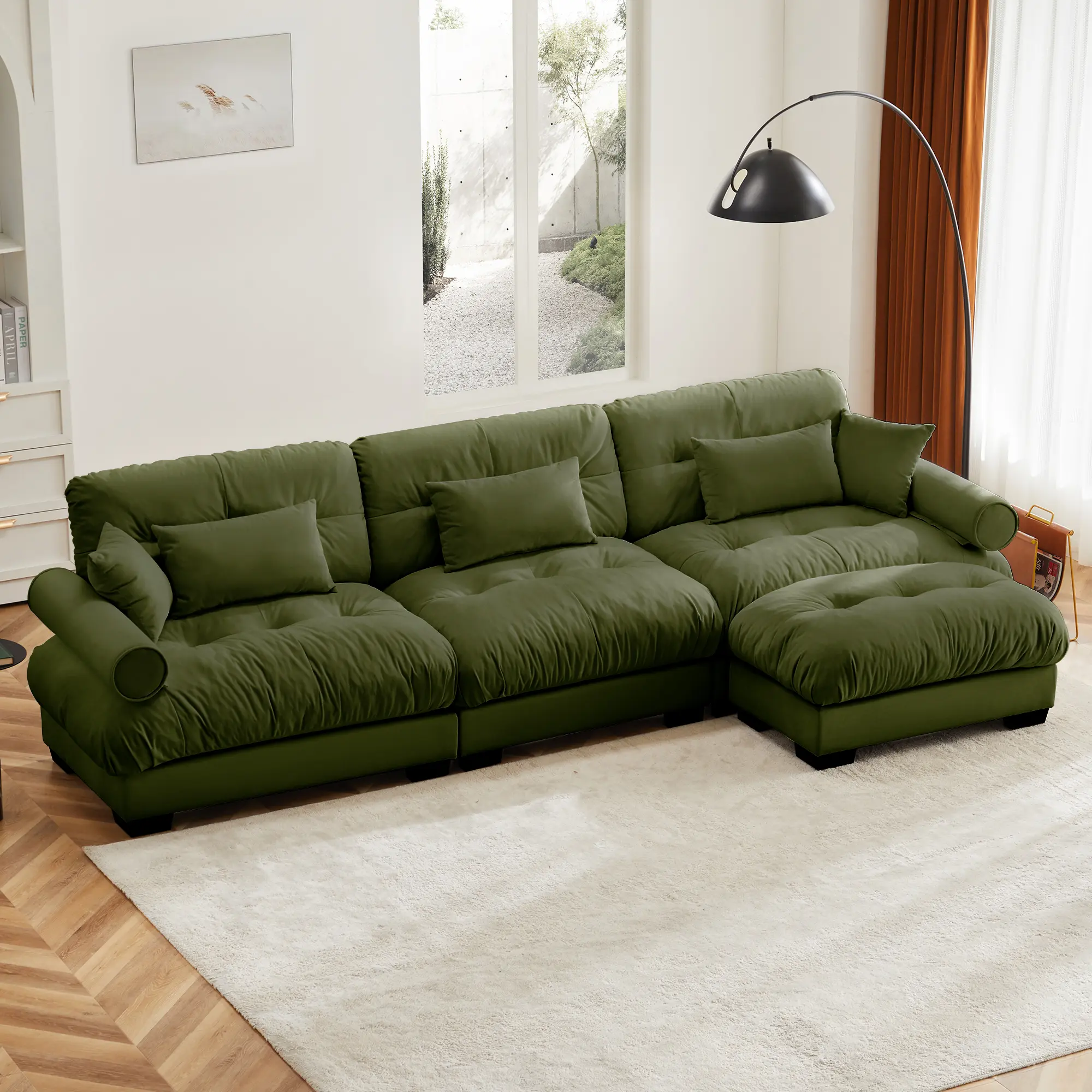 Eyisean 130" L-Shaped Velvet Fabric 3-Seater Oversized Modular Sectional Sofa, Living Room Furniture with Movable Ottoman, Detachable Arms, Deep Seat, Vacuum-Packed for Easy Assembly (Luxury Look)