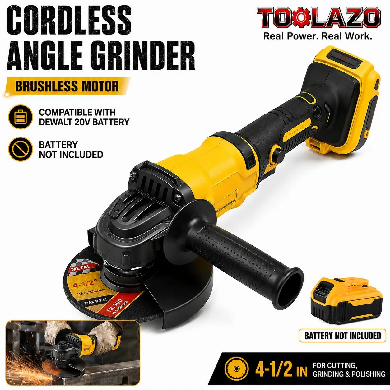Cordless Angle Grinder, 4-1/2 in Brushless Electric Grinder Tool, 11000RPM Battery Powered Angle Grinder Compatible with DeWalt 20V MAX Style Batteries for Cutting, Grinding, Sanding & Polishing, Battery Not Included