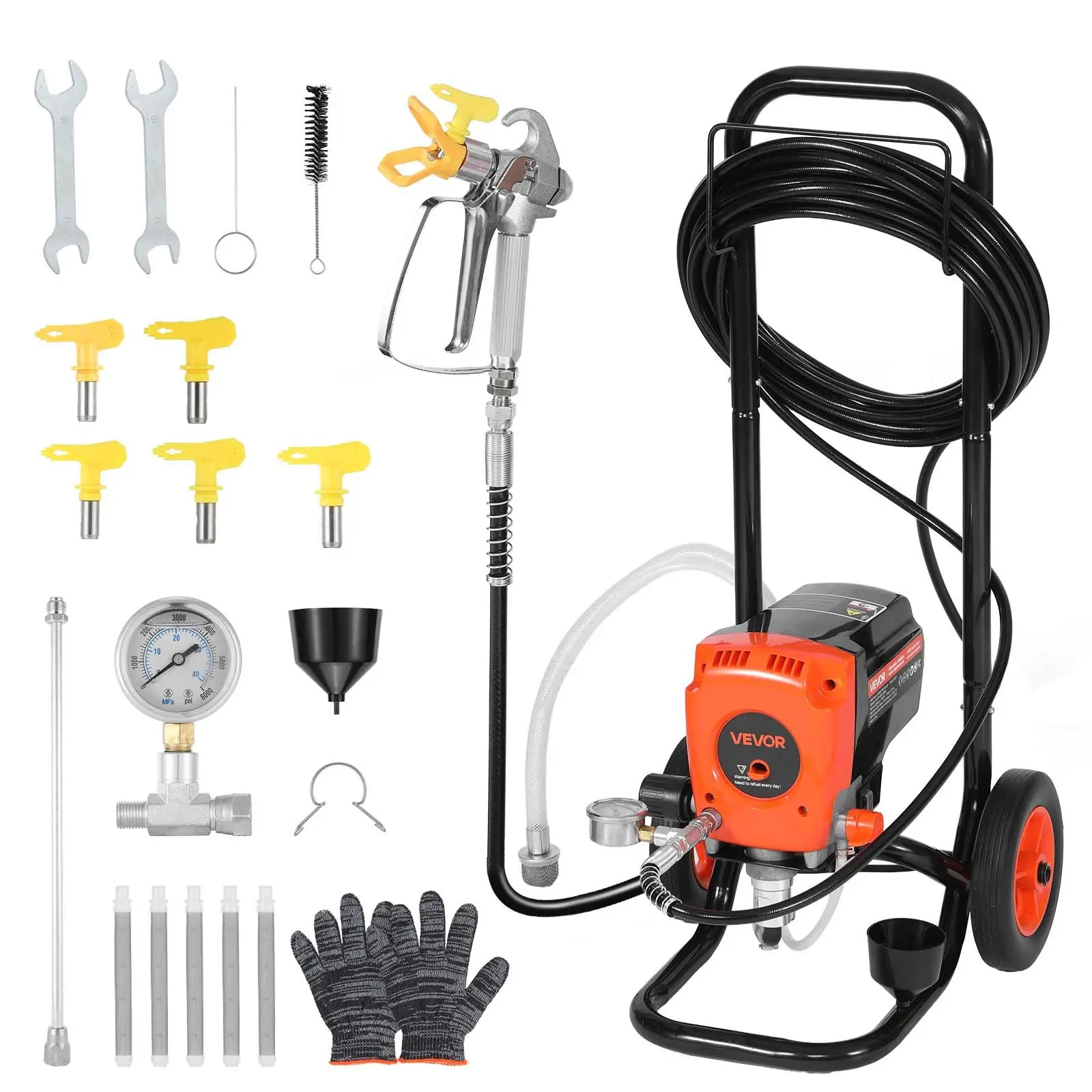 【Summerfinds】VEVOR 900W 3300 PSI High Power 190C-L Electric Airless Paint Sprayer Full Kit with ABS Cart, Filter, Hose, Nozzles & More (30.42 lbs, 16.54x15.35x35.04 inches) for House Coating, Spray Finishing, Large Jobs
