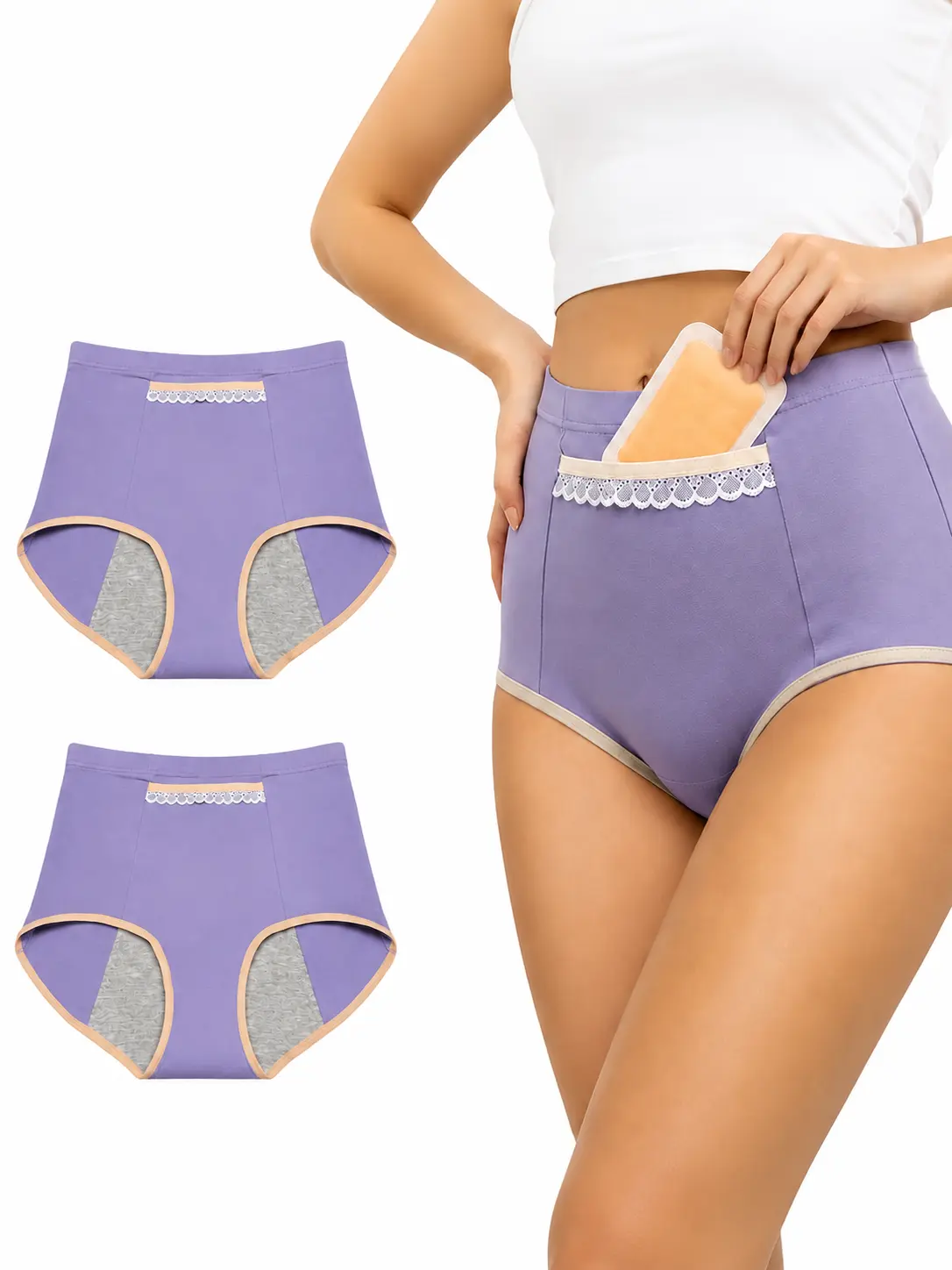 Women Period Panties High Waisted Briefs with Heating Pad Pocket Leakproof Soft Stretch Full Coverage Side Protection Lace Trim Underwear Cold Wash Safe, Lacy, Period Underwear, Plain, Stretchy Washable Period Panties