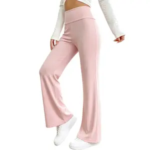 Single pack women’s spring/summer lightweight high-waisted slightly flared casual pants with a fold at the waistband; yoga athletic long pants suitable for sports and casual wear.