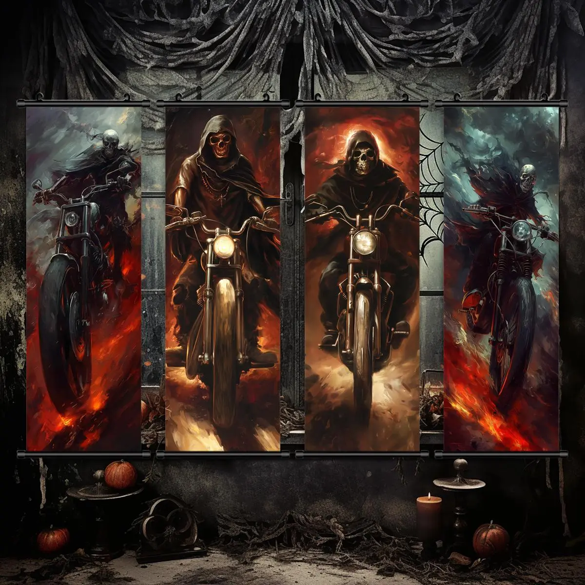 Halloween Themed Hanging Banner, 4 Counts/set Skeleton Man on A Motorcycle Pattern Wall Art, Wall Decor for Home Living Room Bedroom
